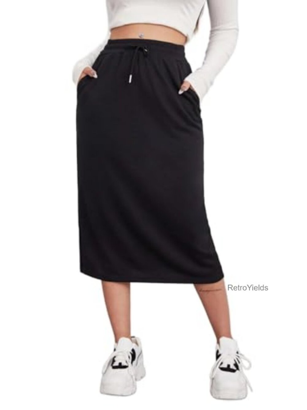 Women's Midi Skirt Drawstring High Waist Sweat Skirt with Pockets